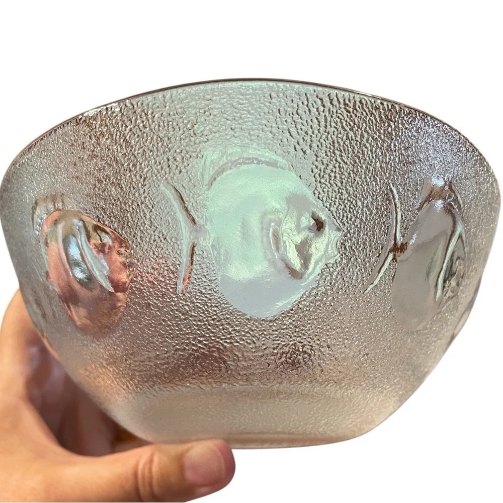 Textured glass bowl with fish design, no chips, cracks, or scratches